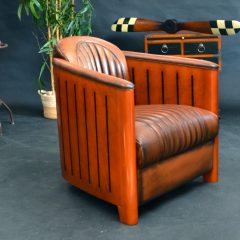 Fauteuil Club BATEAU Bois et Cuir - Assise liserée - Marron foncé E1 / Finition E8