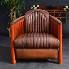 Fauteuil Club BATEAU Bois et Cuir - Assise liserée - Marron foncé E1 / Finition E8