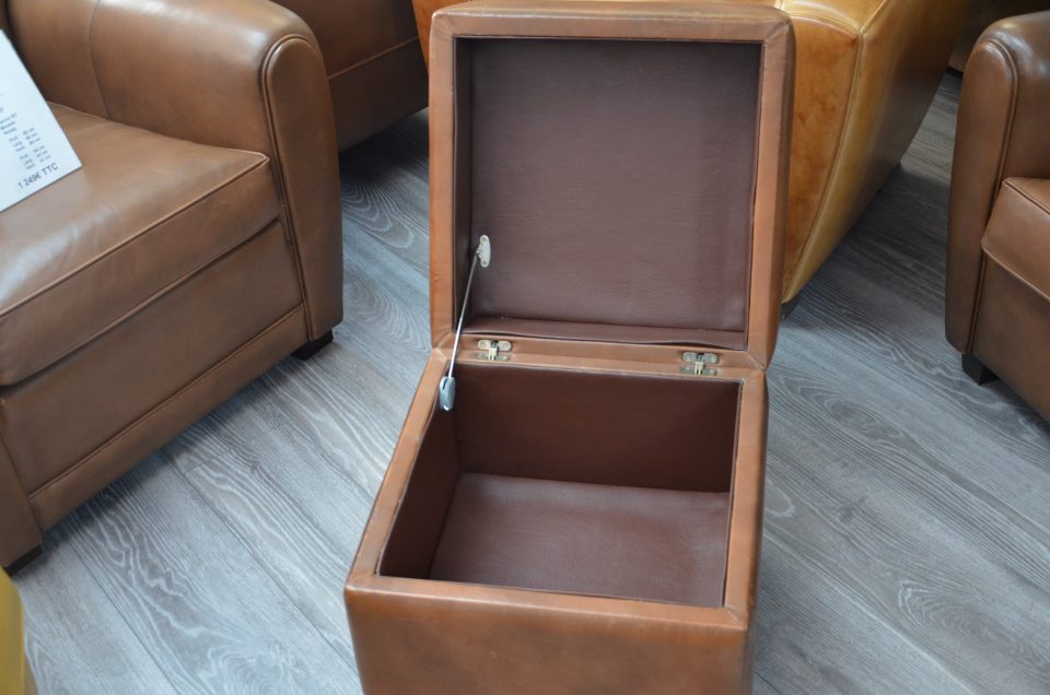 Pouf Carré Coffre en cuir-marron B3