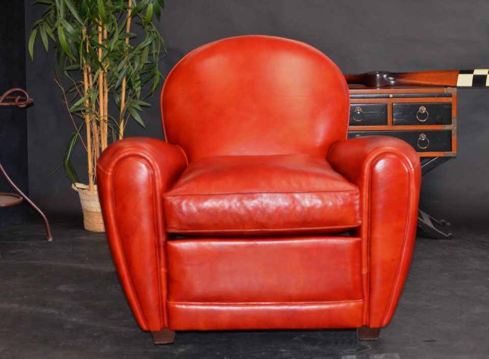 Fauteuil Club BRADFORD-Suspension Biconique- coussins Plumes-Rouge Orange D13